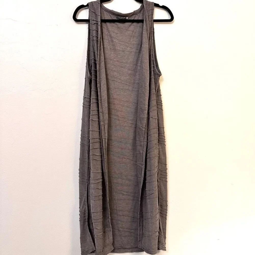 Earthbound Open Front Textured Long Line Sleeveless Cardigan Gray Large